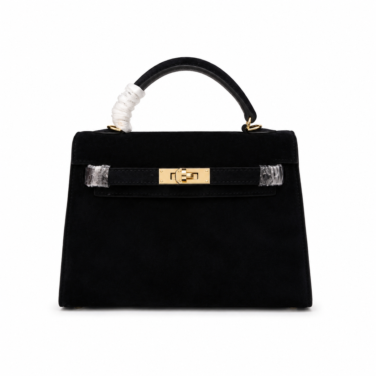 Kelly Sellier 22cm Noir Suede Leather Gold Hardware Women Mini Handbag