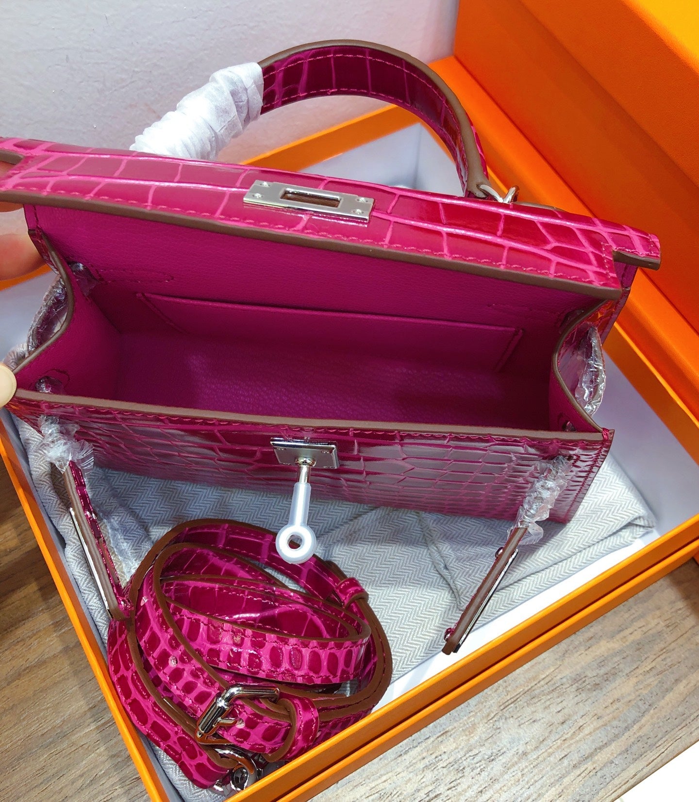 Kelly Sellier 19cm Fuchsia Shiny Crocodile Leather Gold Hardware & Palladium Hardware Women Handbag