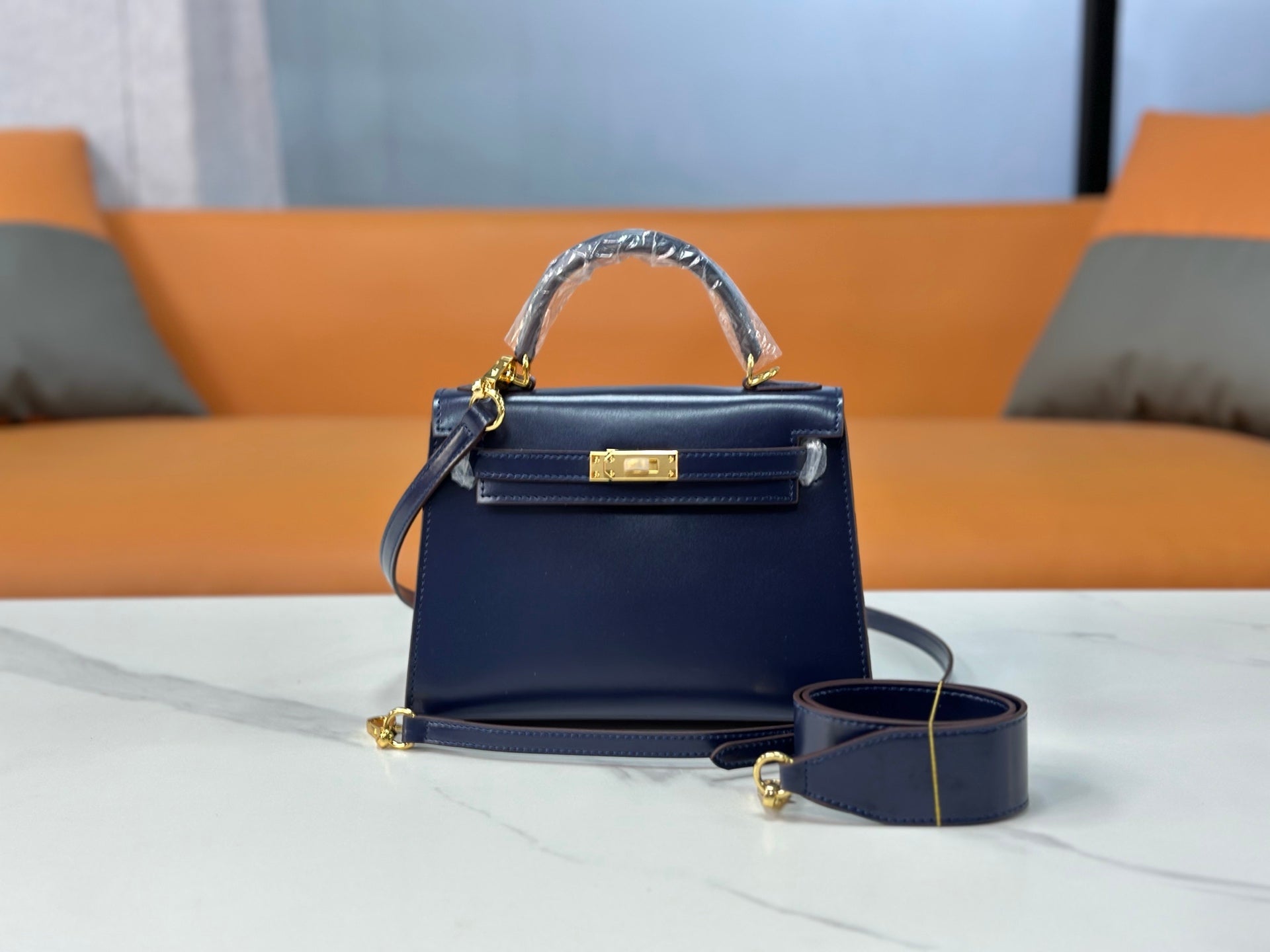 Kelly Sellier 19cm & 22cm & 25cm Bleu Nuit Box Calf Leather Gold Hardware & Palladium Hardware Women Handbag
