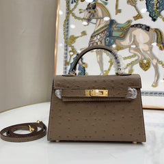 Mini Kelly II 19cm Sellier Etoupe Ostrich Gold Hardware Designer Mini Shoulder Purse