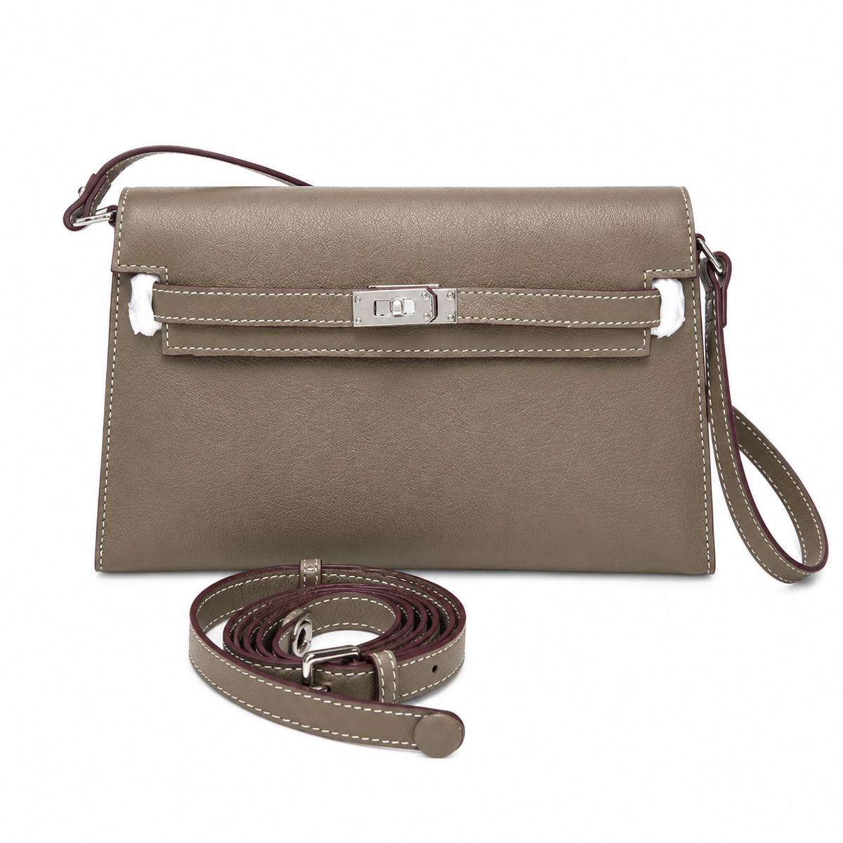 Kelly Elan 25 Underarm Baguette Bag, Genuine Top Layer Cowhide Goat Grain Leather, Silver Hardware Khaki Shoulder Handbag, Timeless Neutral Must-have Bag Elegant Versatile Daily Purse Size 25×6.5×15cm
