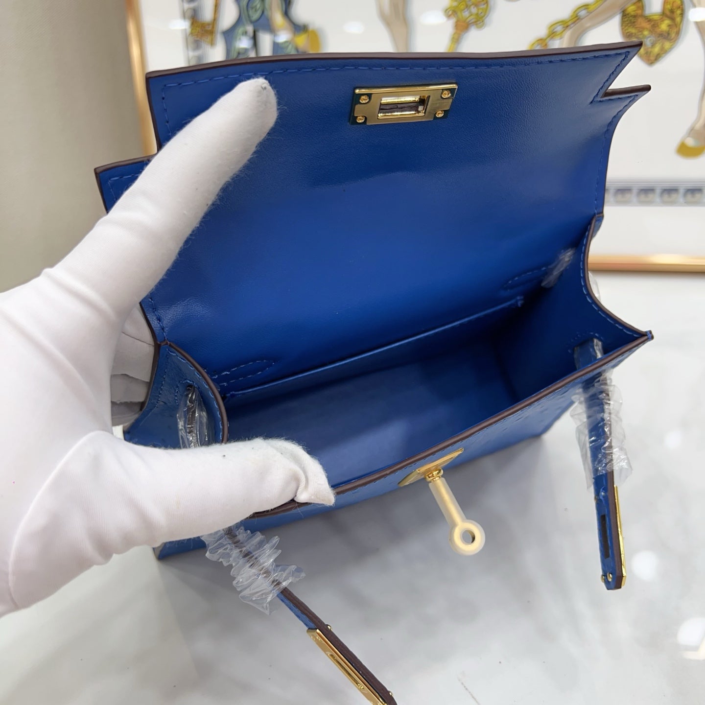 Mini Kelly II 19cm Sellier Bleu Electrique Ostrich Gold Hardware Luxury Crossbody Handbag