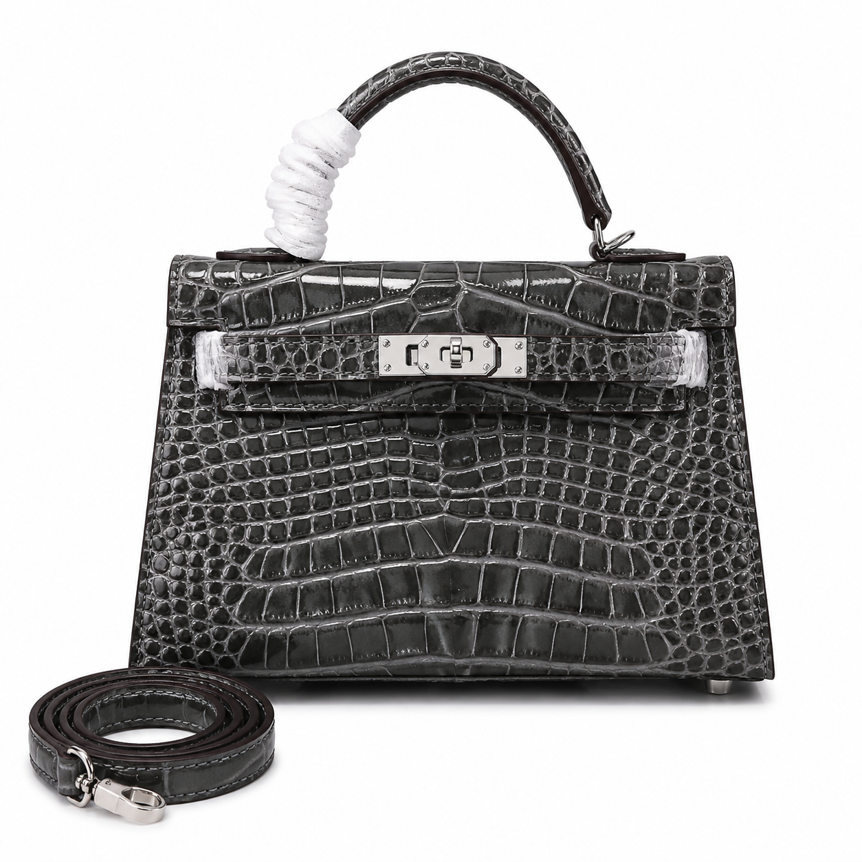 Kelly Sellier 19cm Gris Elephant Shiny Crocodile Leather Gold Hardware & Palladium Hardware Women Handbag
