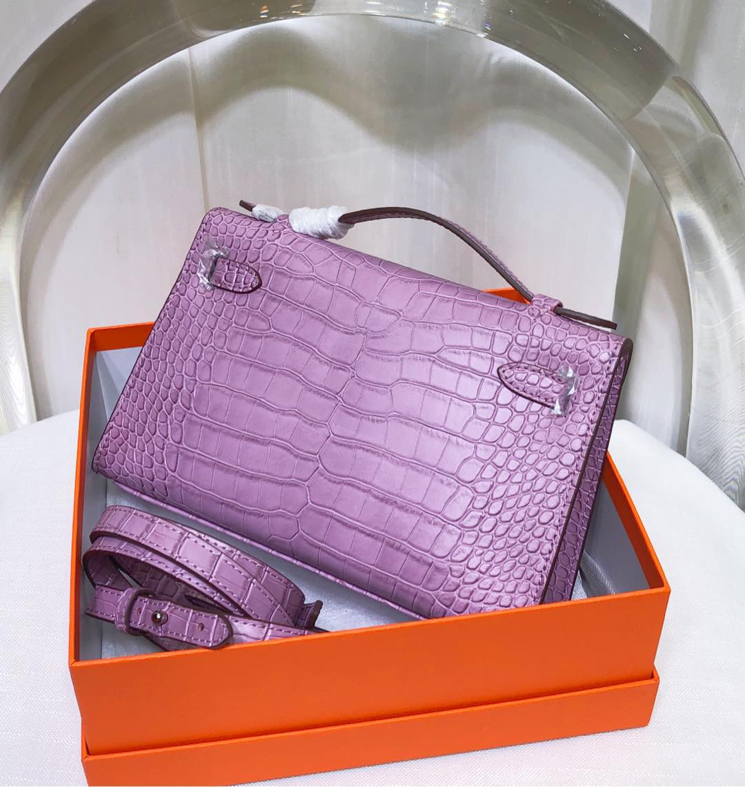 Kelly Pochette Lilac Shiny Niloticus Crocodile Leather Palladium Hardware Women Clutch Bag