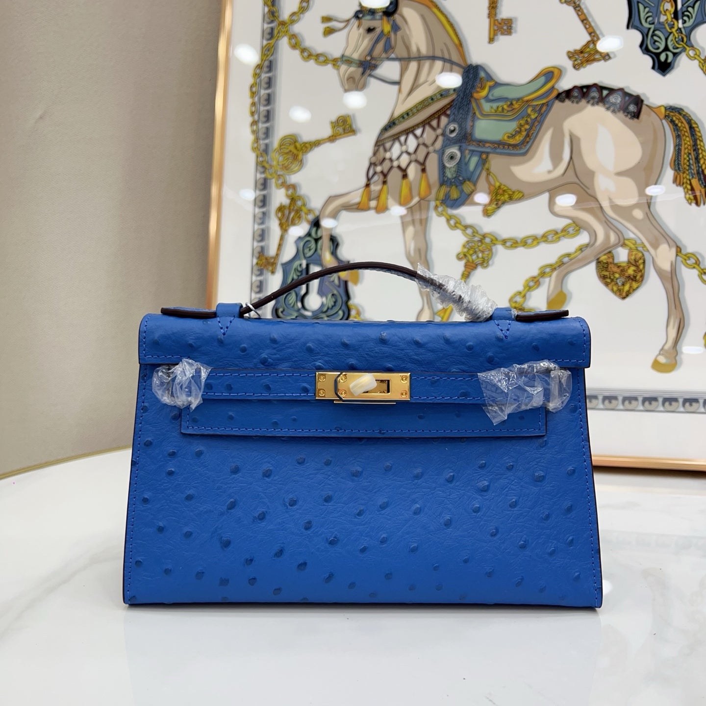 Mini Kelly Sellier 22cm Bleu Electrique Ostrich Leather Gold Hardware Women Mini Handbag