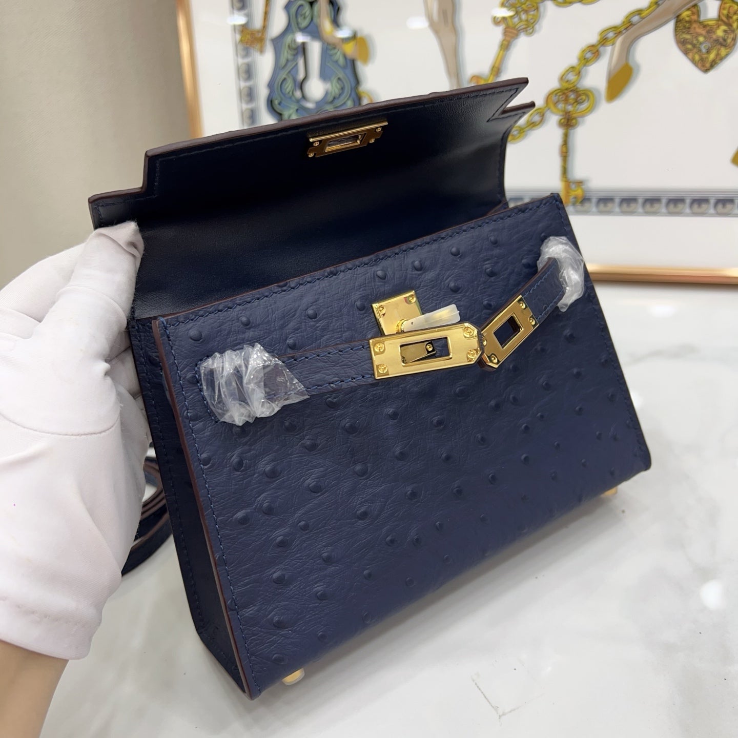 Mini Kelly Sellier 19cm Bleu Nuit Ostrich Leather Gold Hardware Women Mini Handbag
