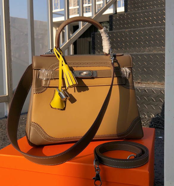 Kelly Sellier Ghillies 28cm Beige Poussière & Marron Foncé Barenia Leather Palladium Hardware Women Handbag