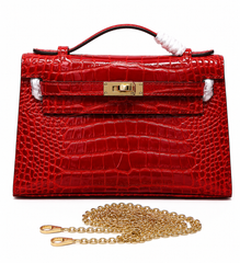 Kelly Pochette Rouge Casa Shiny Niloticus Crocodile Leather Gold Hardware Women Clutch Bag