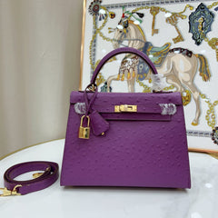 Kelly Sellier 25cm Violine Ostrich Gold Hardware Luxury Commute Handbag