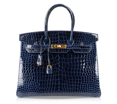Birkin 35 Bag Blue Sapphire Porosus Crocodile Gold Hardware New