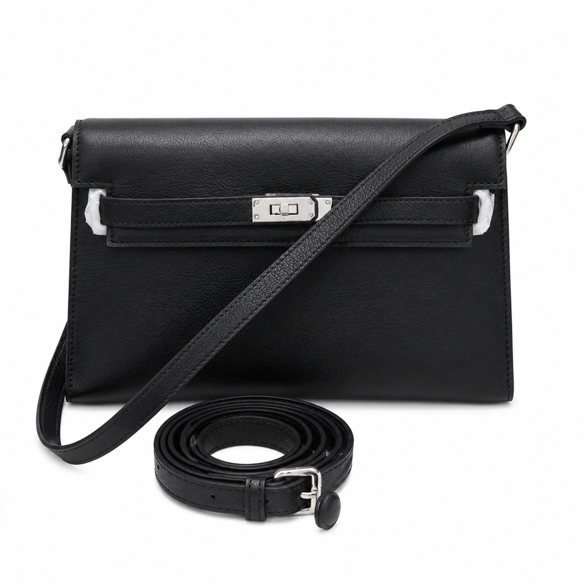 Kelly Elan 25 Underarm Baguette Bag, Genuine Top Layer Cowhide Goat Grain Leather, Silver Hardware Black Unisex Shoulder Purse, Multiway Crossbody Handheld Daily Bag, High Practical Daily Bag Size 25×6.5×15cm