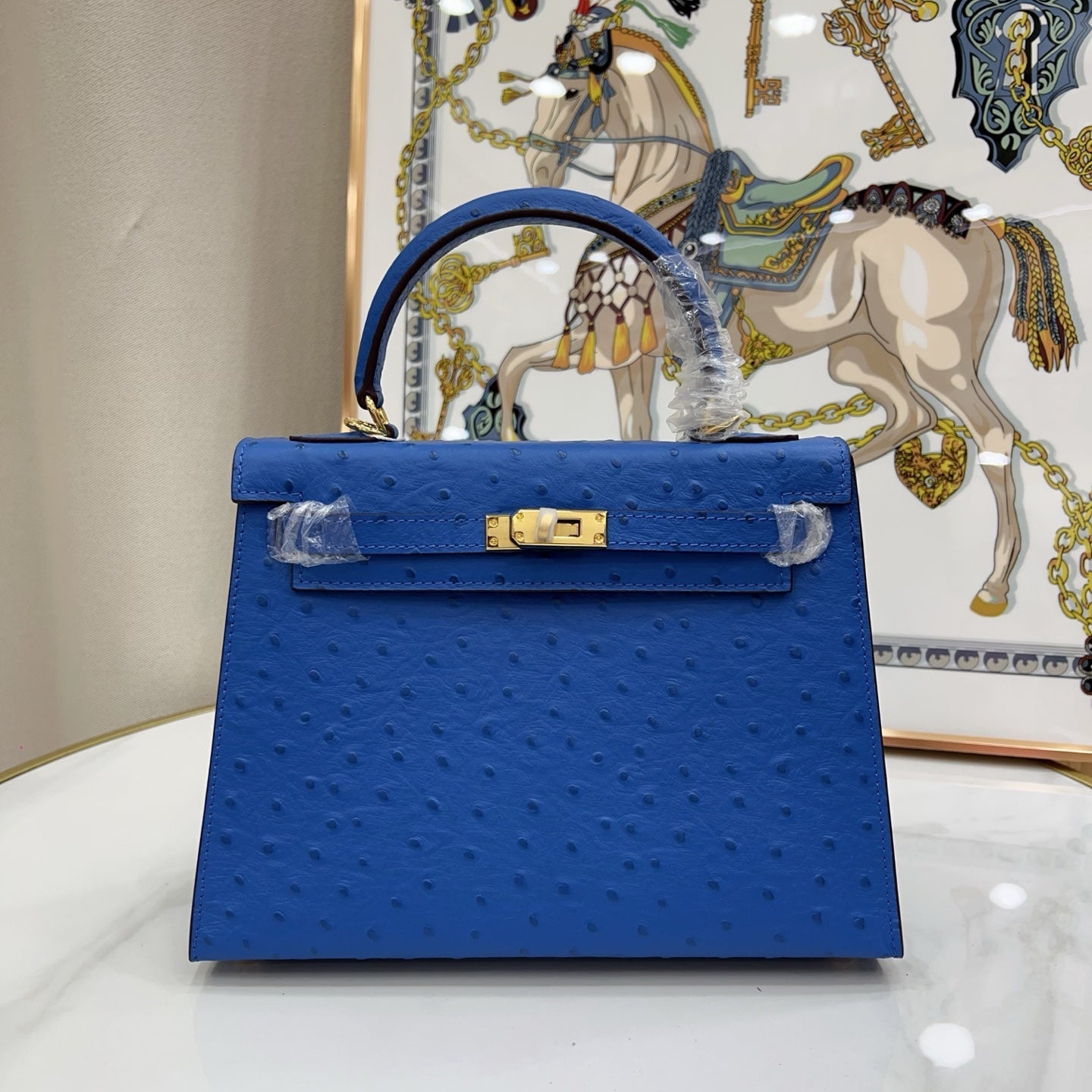 Kelly Sellier 25cm Bleu Electrique Ostrich Gold Hardware Premium Crossbody Purse