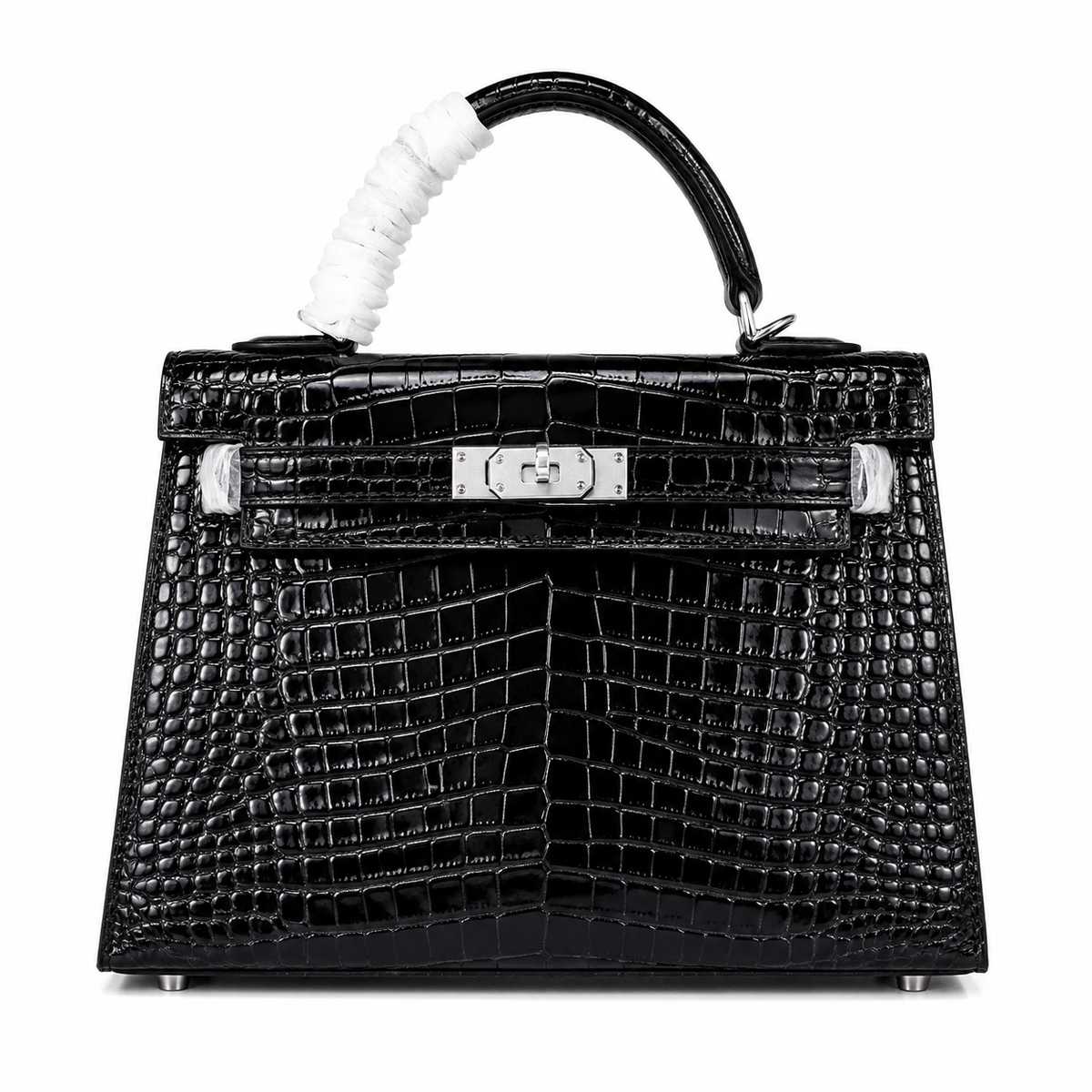 Kelly Sellier 22cm Noir Shiny Crocodile Leather Gold Hardware & Palladium Hardware Women Handbag