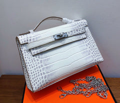 Kelly Pochette Himalaya Niloticus Crocodile Leather Palladium Hardware & Palladium Hardware Women Clutch Handbag