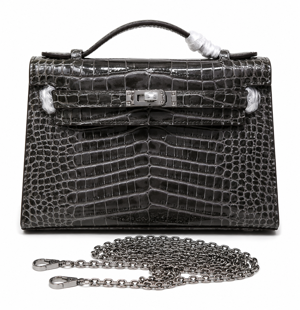 Kelly Pochette Gris Elephant Shiny Niloticus Crocodile Leather Palladium Hardware & Palladium Hardware Women Clutch Bag
