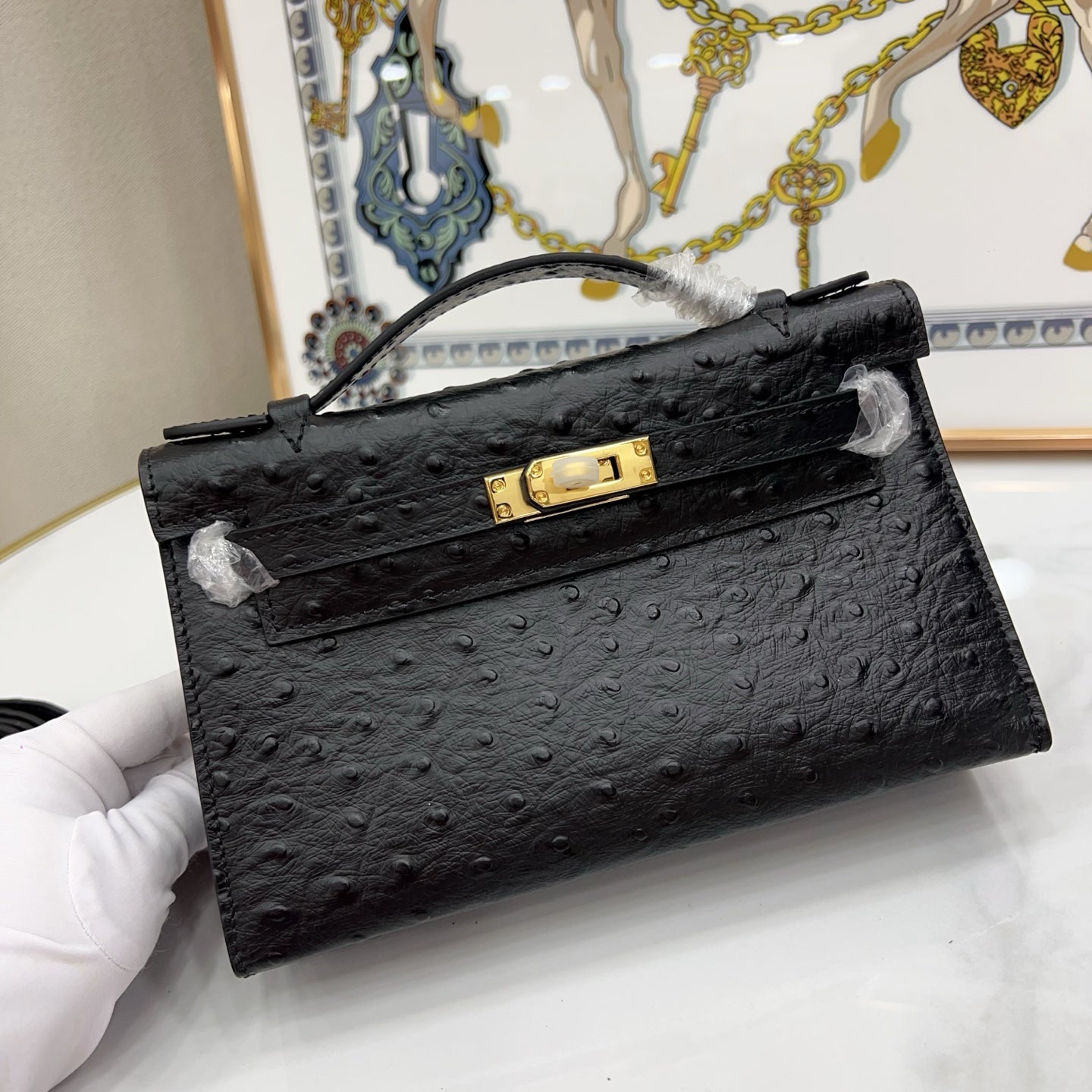 Mini Kelly Sellier 22cm Noir Ostrich Leather Gold Hardware Women Mini Handbag