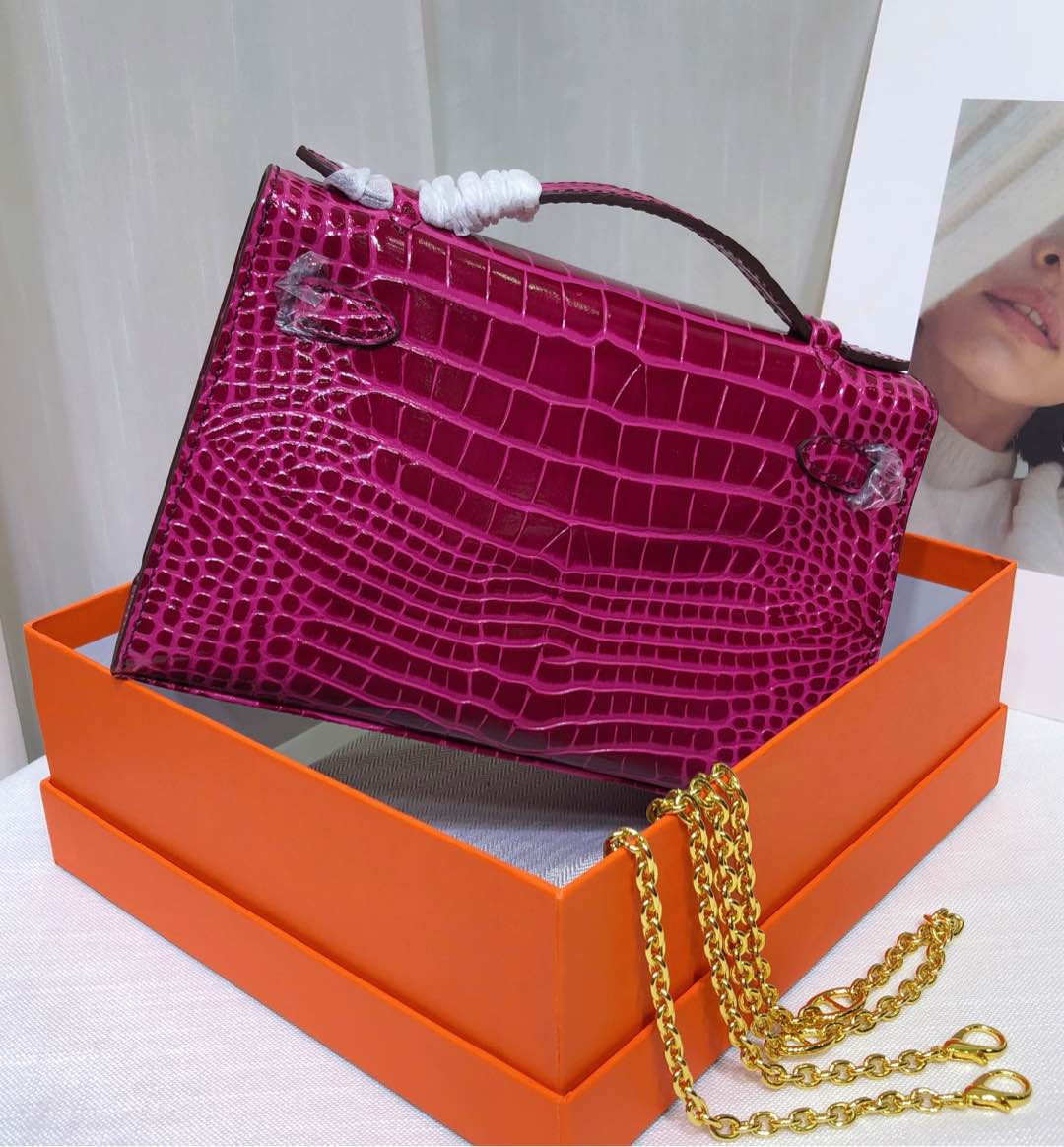 Kelly Pochette Fuchsia Shiny Niloticus Crocodile Leather Gold Hardware Women Clutch Bag