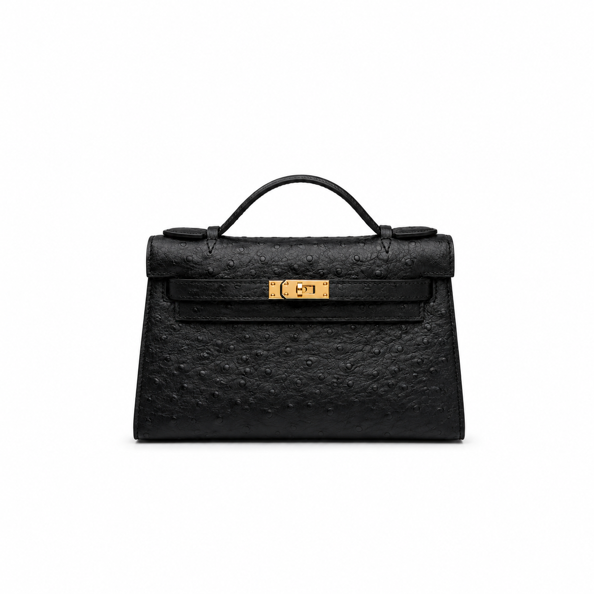 Mini Kelly Sellier 22cm Noir Ostrich Leather Gold Hardware Women Mini Handbag