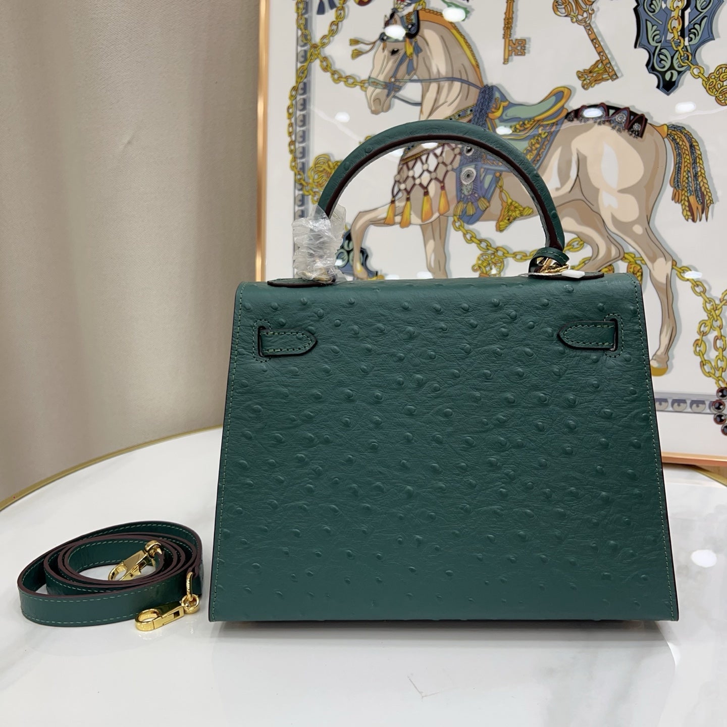 Kelly Sellier 25cm Vert Cypress Ostrich Gold Hardware Vintage Women Handbag