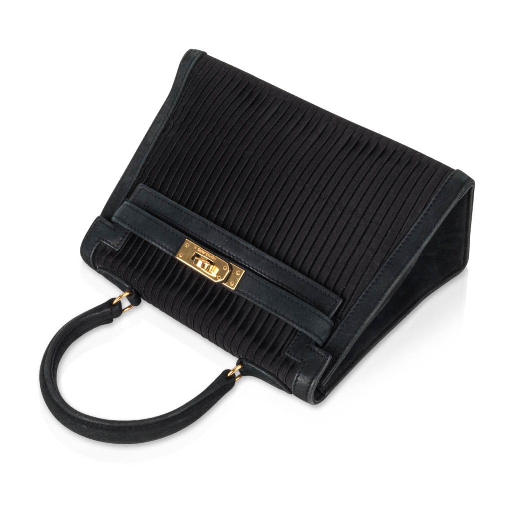 Kelly 20 Mini Vintage Bag Black Pleated Silk Suede Trim Gold Hardware