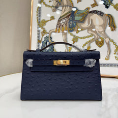 Mini Kelly Sellier 22cm Bleu Nuit Ostrich Leather Gold Hardware Women Mini Handbag