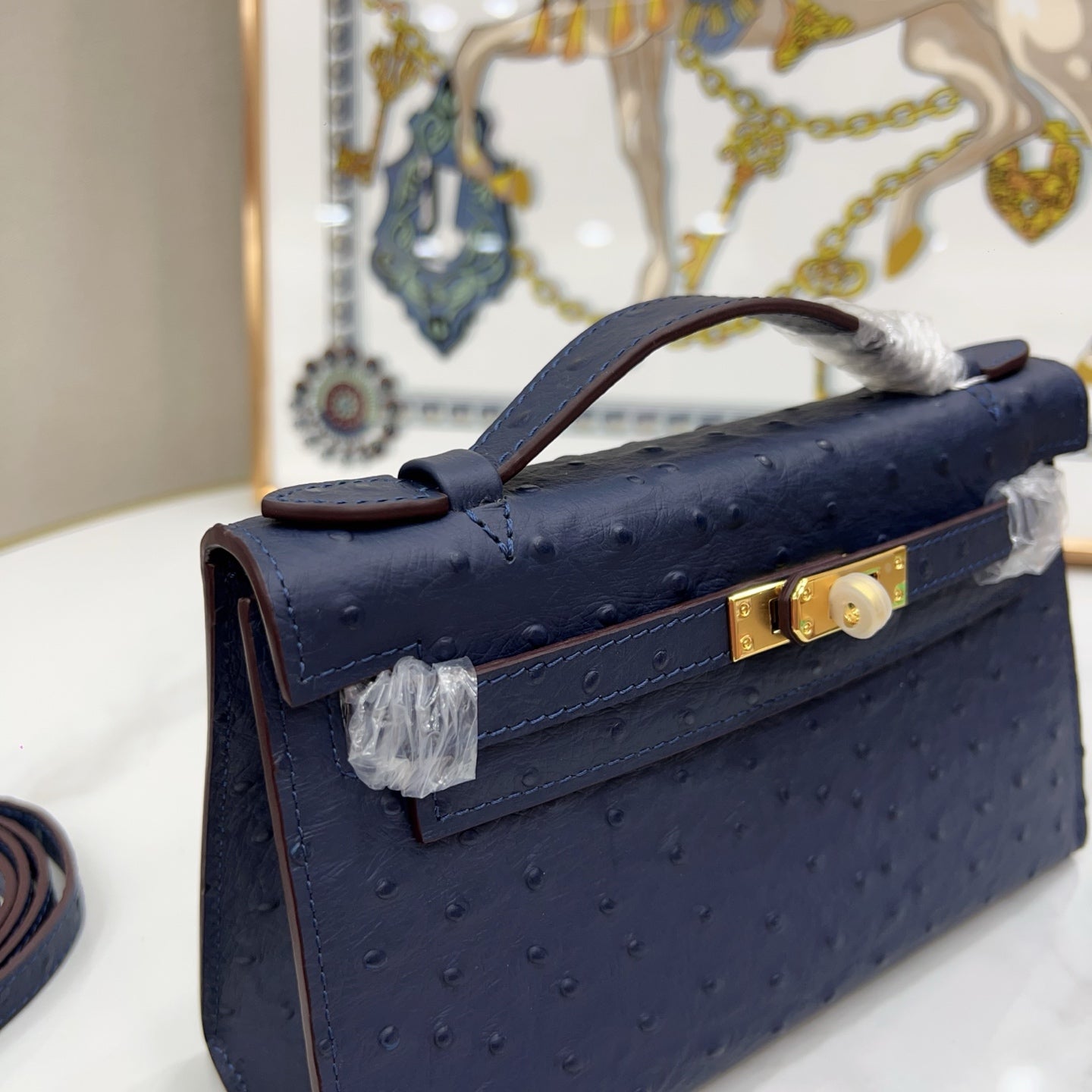 Mini Kelly Sellier 22cm Bleu Nuit Ostrich Leather Gold Hardware Women Mini Handbag