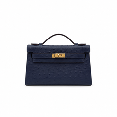 Mini Kelly Sellier 22cm Bleu Nuit Ostrich Leather Gold Hardware Women Mini Handbag