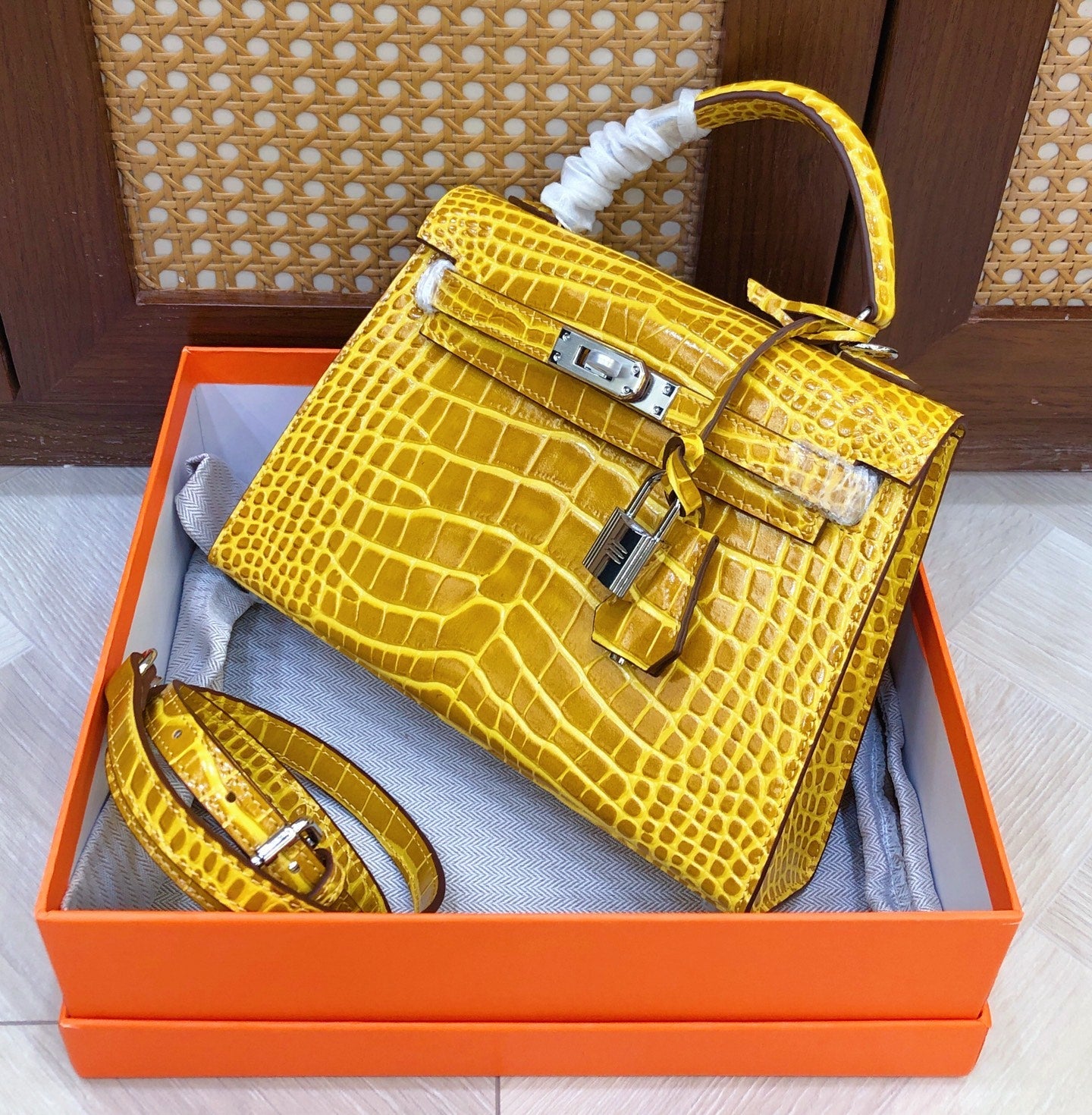 Kelly Sellier 22cm Jaune Ambre Shiny Crocodile Leather Gold Hardware & Palladium Hardware Women Handbag