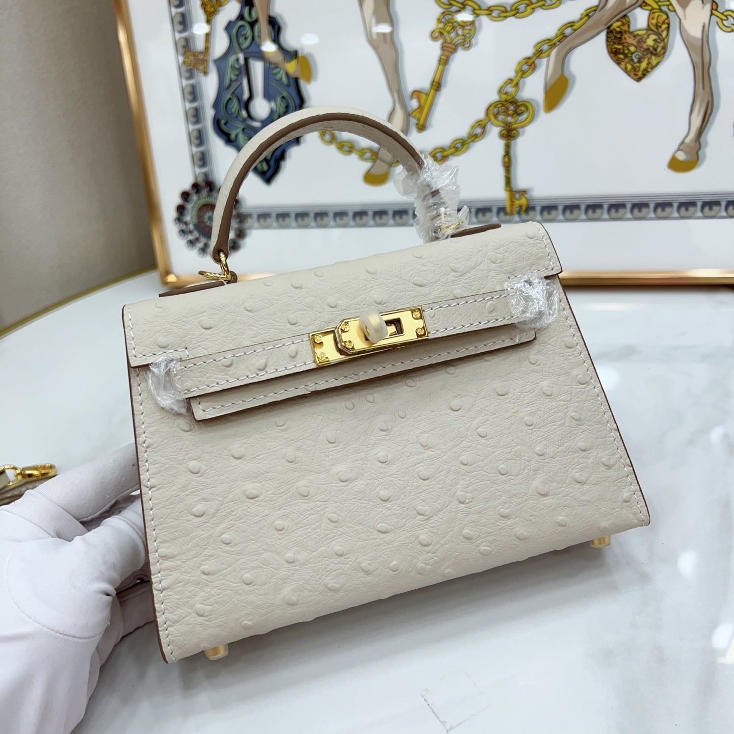 Mini Kelly II 19cm Sellier Craie Ostrich Gold Hardware Premium Women Daily Handbag