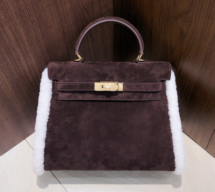 Kelly Sellier 28cm Ebene Suede Leather Gold Hardware Commute Shoulder Handbag