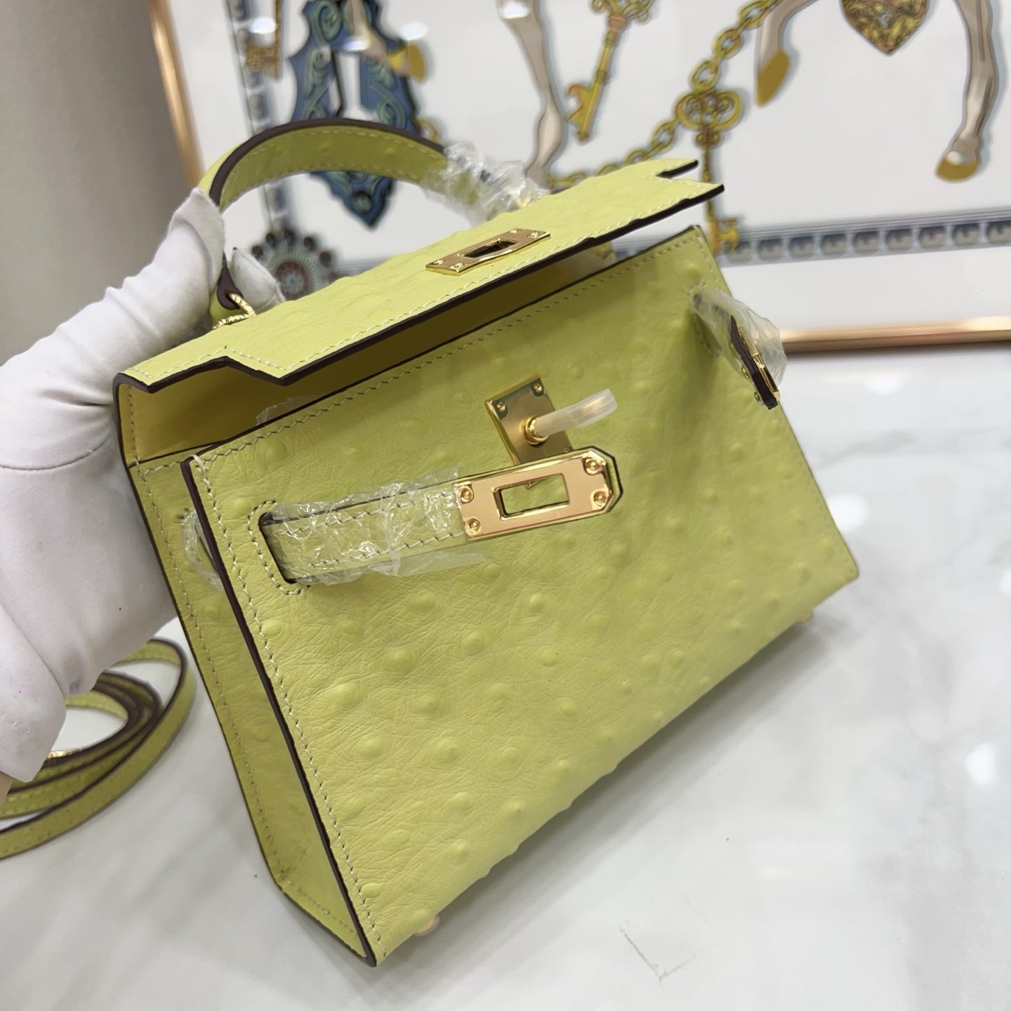 Mini Kelly II 19cm Sellier Jaune Poussin Ostrich Gold Hardware Luxury Mini Handbag