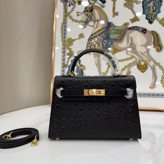 Mini Kelly Sellier 19cm Noir Ostrich Leather Gold Hardware Women Mini Handbag