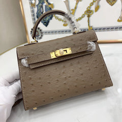 Mini Kelly II 19cm Sellier Etoupe Ostrich Gold Hardware Designer Mini Shoulder Purse