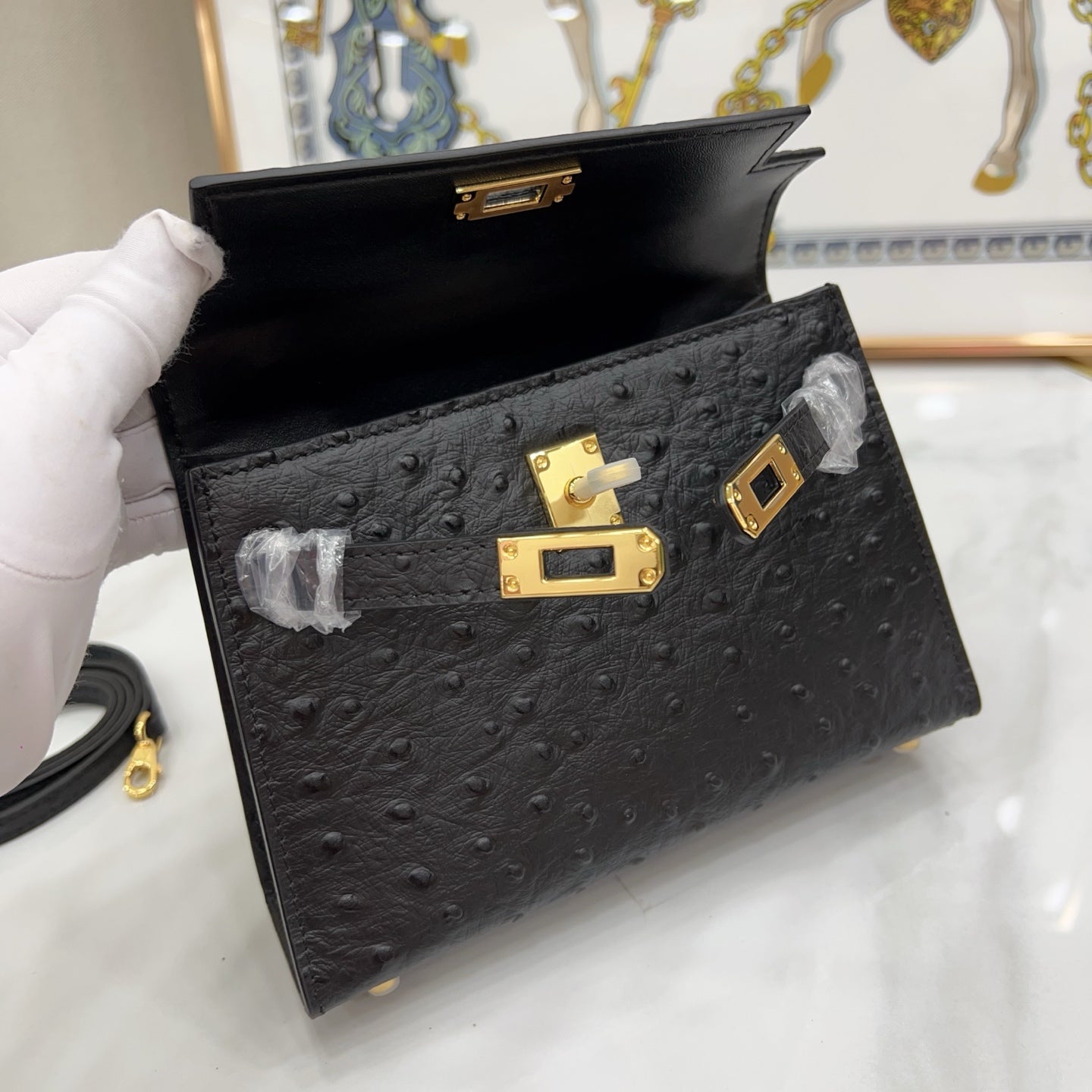 Mini Kelly Sellier 19cm Noir Ostrich Leather Gold Hardware Women Mini Handbag