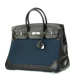Birkin 40 Ghillies Denim Fonce Toile / Black Evercalf Bag Limited Edition