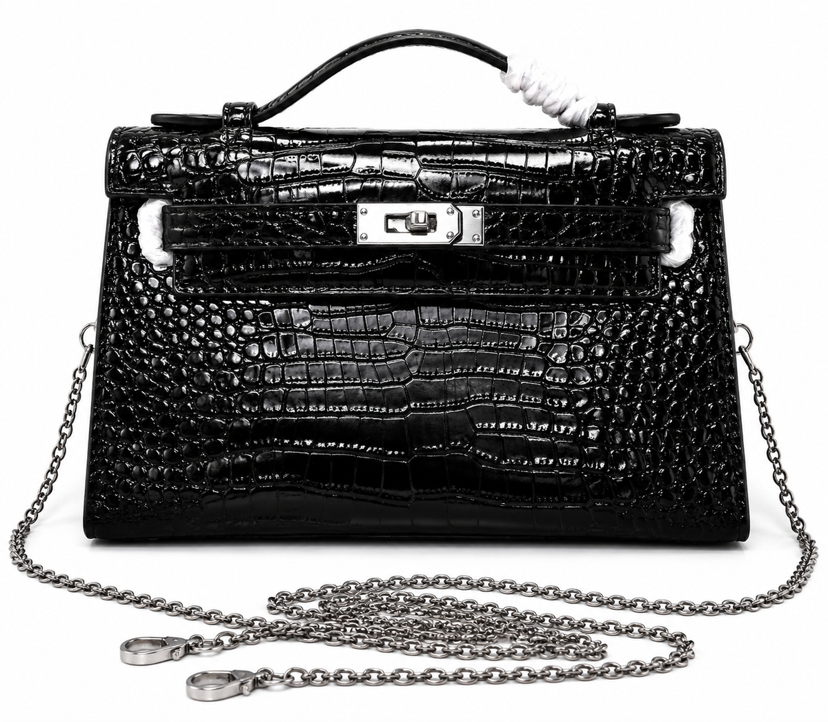 Kelly Pochette Noir Shiny Niloticus Crocodile Leather Palladium Hardware & Palladium Hardware Women Clutch Bag