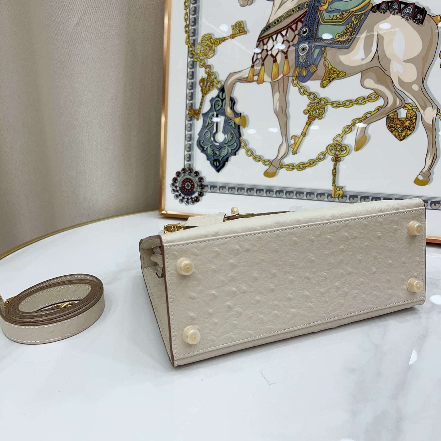 Kelly Sellier 25cm Craie Ostrich Gold Hardware Premium Women Shoulder Purse