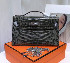 Kelly Pochette Gris Elephant Shiny Niloticus Crocodile Leather Palladium Hardware & Palladium Hardware Women Clutch Bag