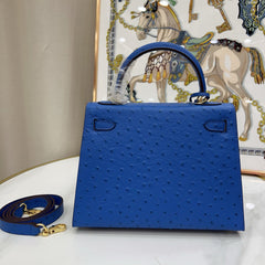 Kelly Sellier 25cm Bleu Electrique Ostrich Gold Hardware Premium Crossbody Purse