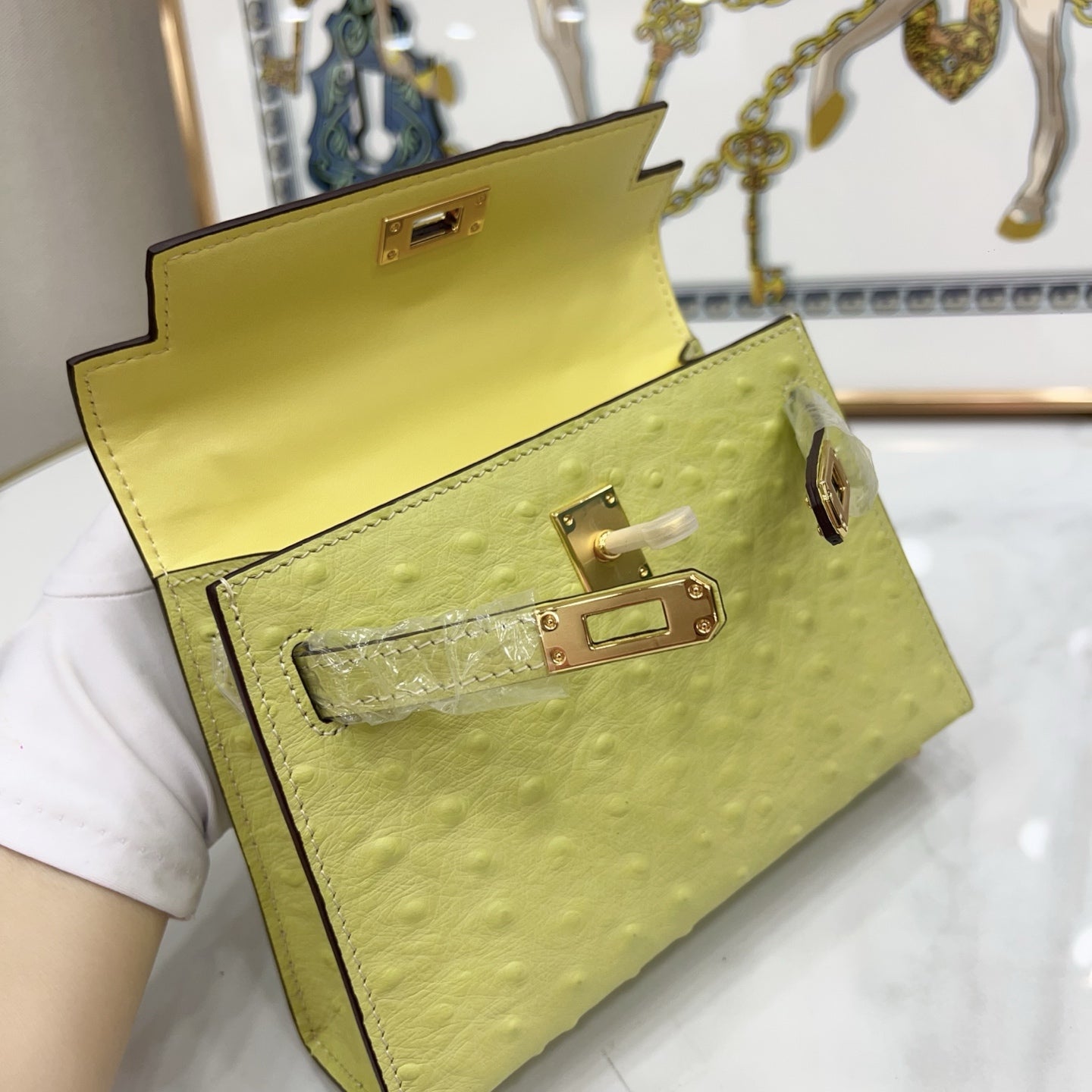 Mini Kelly II 19cm Sellier Jaune Poussin Ostrich Gold Hardware Luxury Mini Handbag