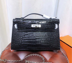 Kelly Pochette Noir Shiny Niloticus Crocodile Leather Palladium Hardware & Palladium Hardware Women Clutch Bag