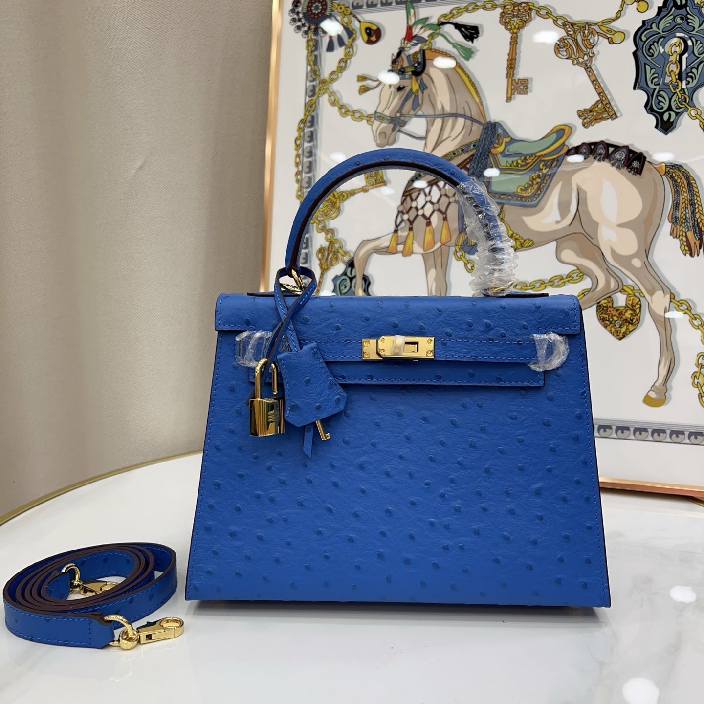 Kelly Sellier 25cm Bleu Electrique Ostrich Gold Hardware Premium Crossbody Purse