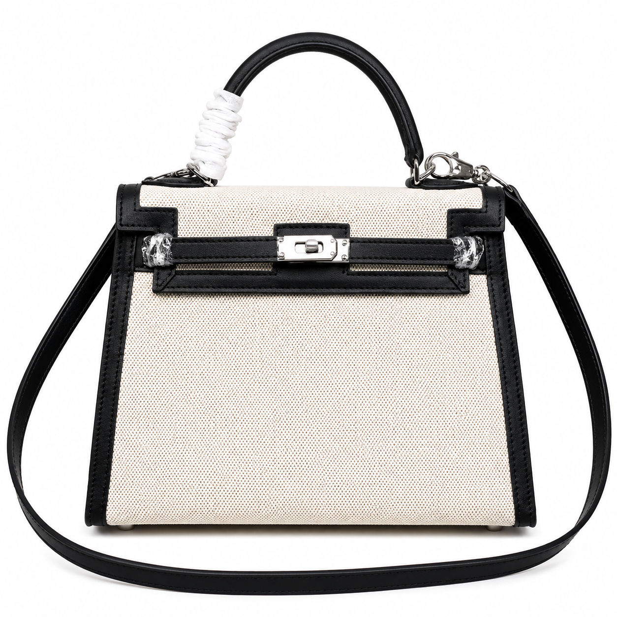 Top Selling Kelly 25 Bag With Outside Stitching, Made Of Textured Canvas & Soft Swift Leather Patchwork, Classic Black Silver Hardware Combination, Stunning Mixed Material Texture Dimensions: Length 25 * Width 10 * Height 18cm
