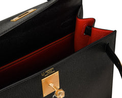 Kelly HSS 28 Bag Sellier Black Chevre Vermillion Interior Brushed Gold
