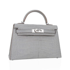 Limited Edition Mini Kelly 20 Sellier Matte Gris Perle Alligator Bag Palladium Hardware