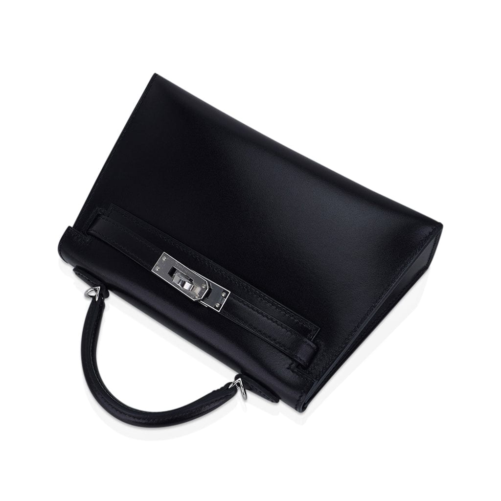 Kelly 20 Sellier Black Box Leather Mini Bag Palladium Hardware
