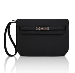 Kelly Depeches 25 Pouch Bag Black Galop D’Leather with Palladium Hardware