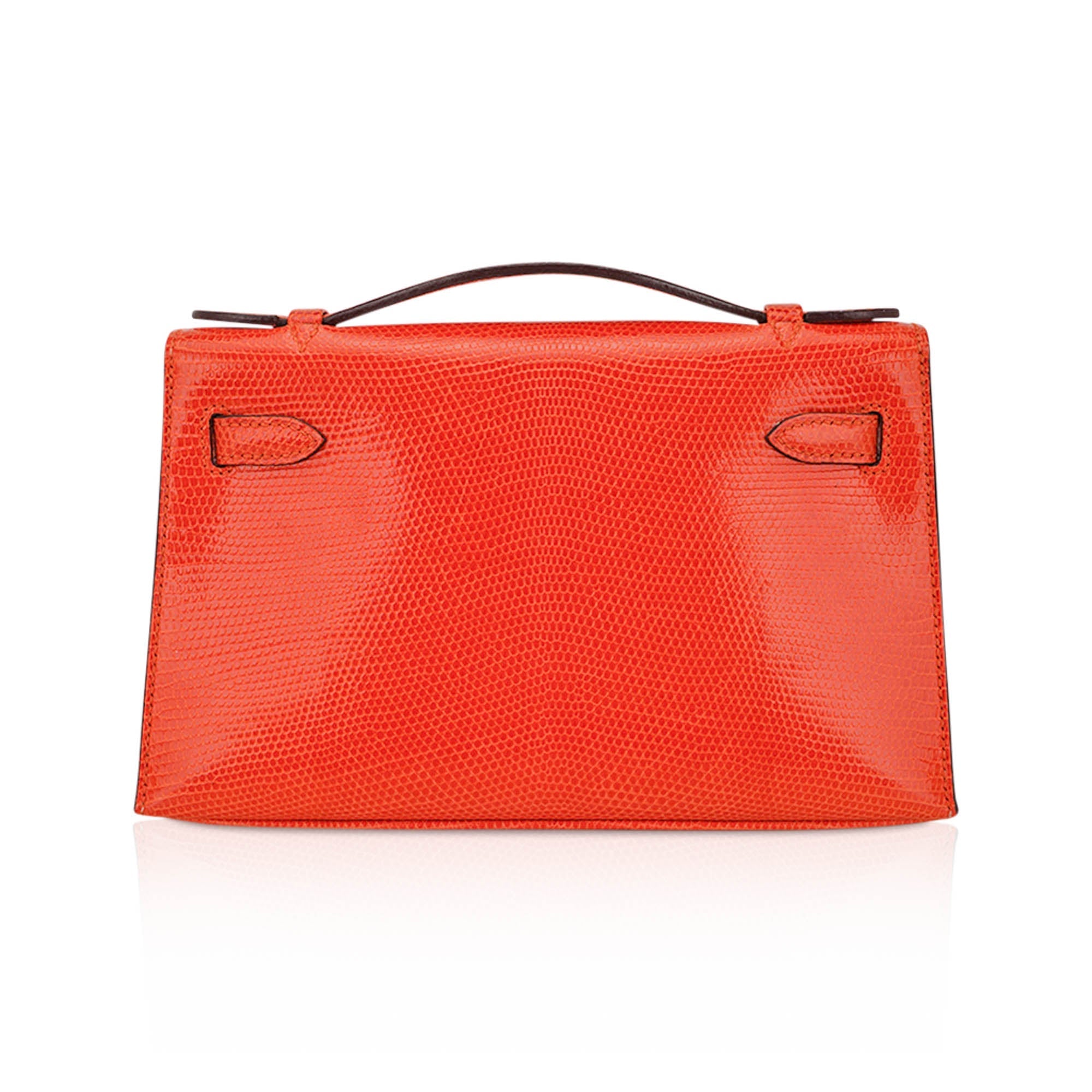 Kelly Pochette Clutch Bag Tangerine Lizard with Ruthinium Hardware